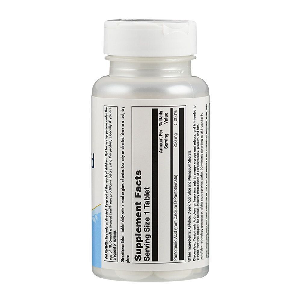 Eine Flasche mit weißen Tabletten. Rückseite mit Nährwertangaben. Aufschrift: Pantothensäure 250 mg.