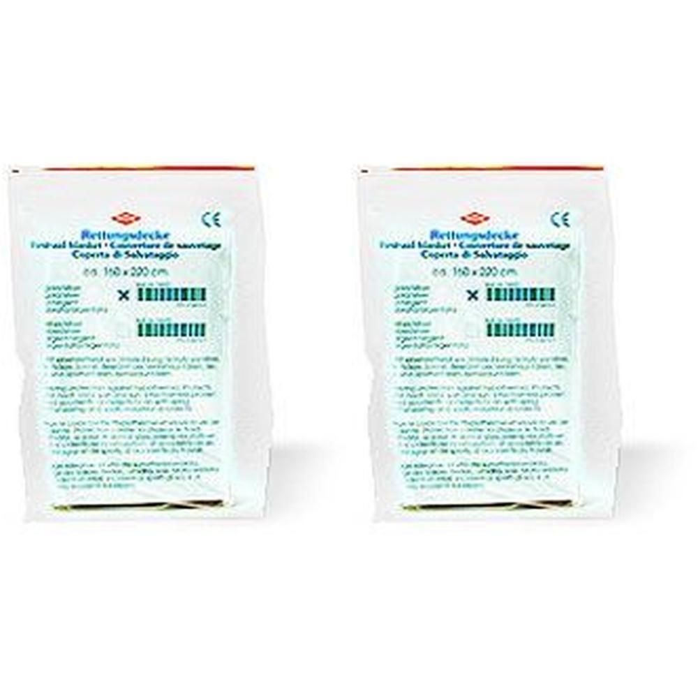 Zwei Rettungsdecken in Folienverpackung. Aufdruck: Rettungsdecke, 160x220 cm, CE-Zeichen. Barcode und weitere Informationen.