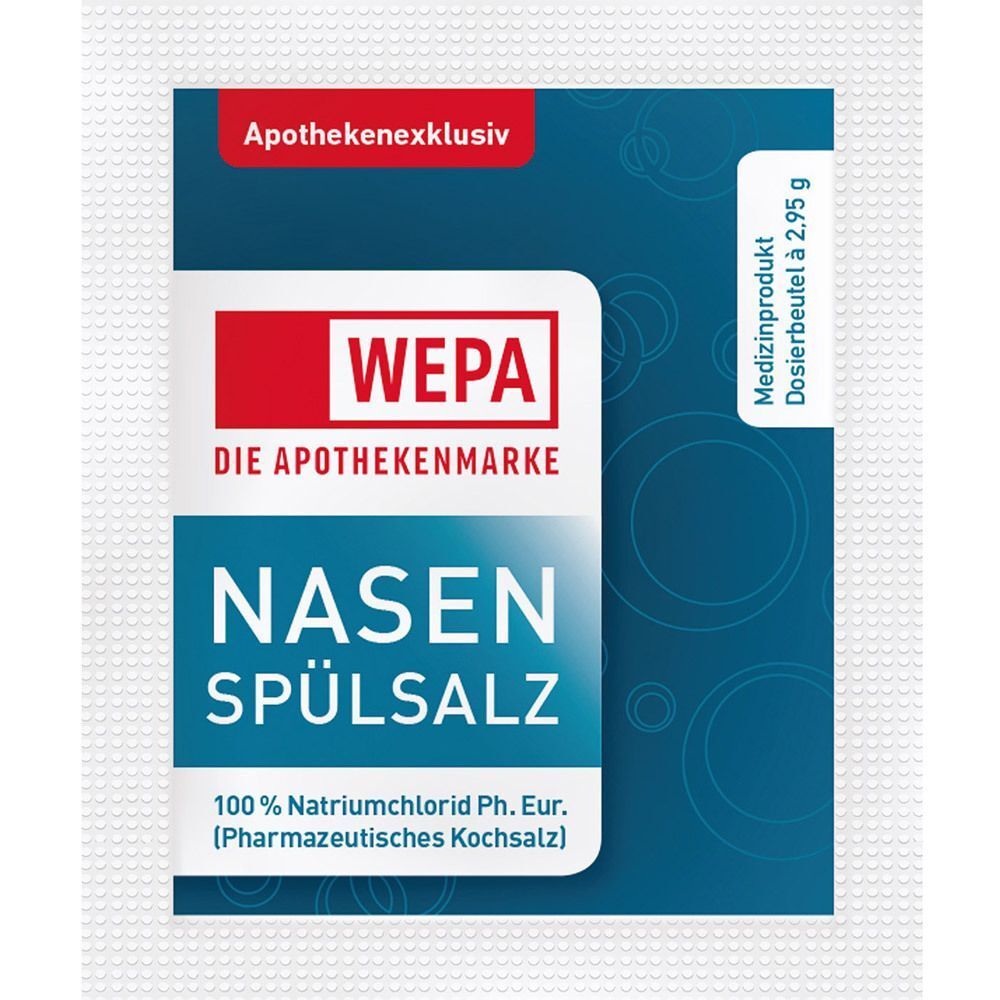 Verpackung mit Nasenspülsalz. Aufschrift: WEPA, Nasenspülsalz, 100 % Natriumchlorid. Medizinprodukt. Dosierbeutel.