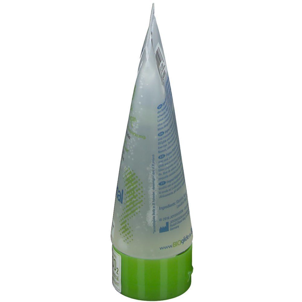 BIOglide Gleitgel-Tube, Seitenansicht. Transparente Tube mit grünem Verschluss. Aufschrift: BIOglide. Gel sichtbar.