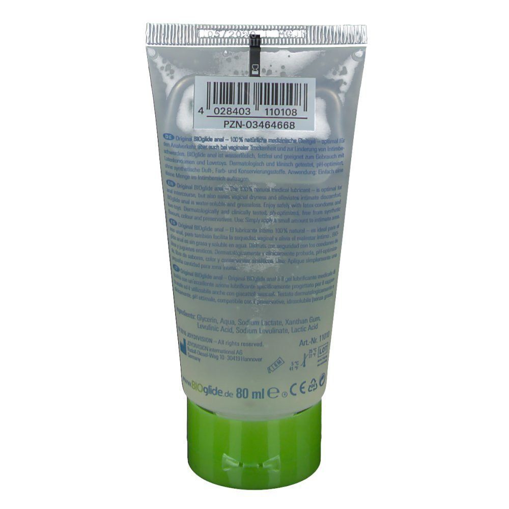 Rückseite einer BIOglide Gleitgel-Tube. Text und Barcode. Grüner Verschluss. Aufschrift: BIOglide, 80 ml, CE-Zeichen.