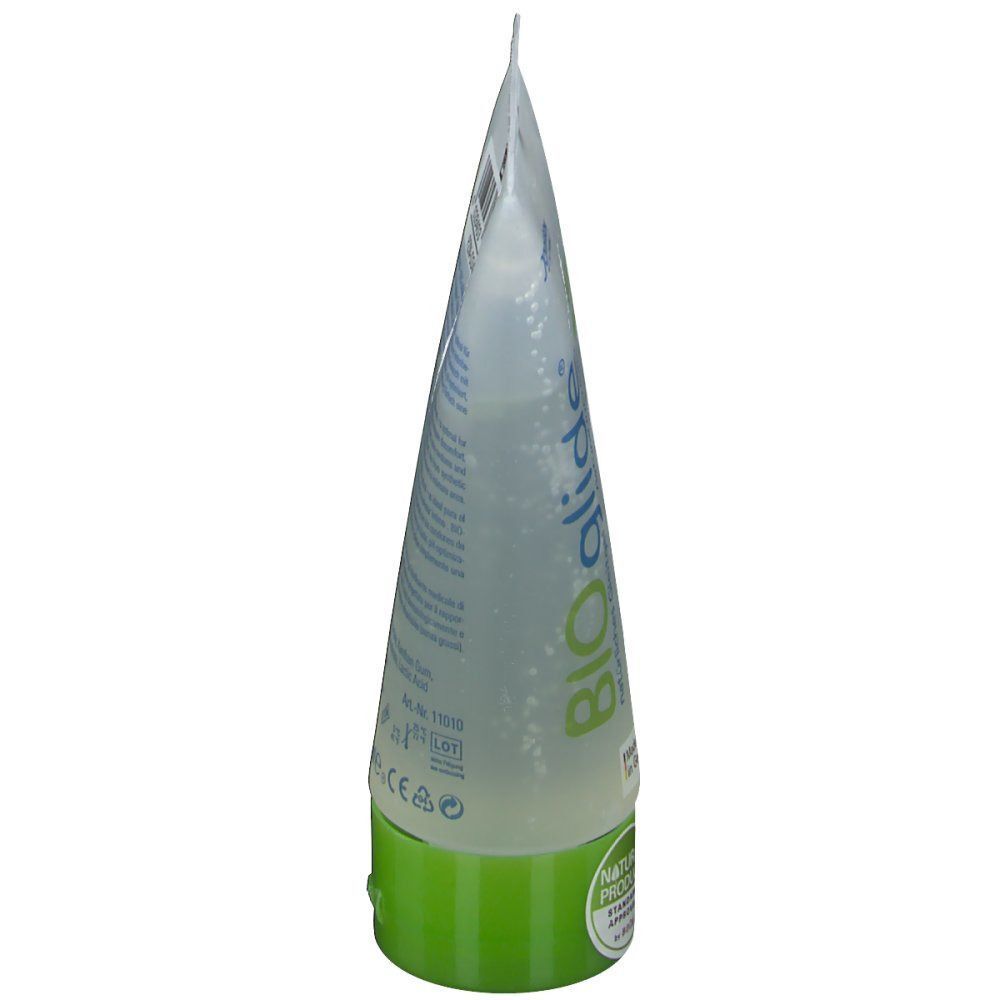 BIOglide Gleitgel-Tube, Seitenansicht. Transparente Tube mit grünem Verschluss. Aufschrift: BIOglide. Gel sichtbar.