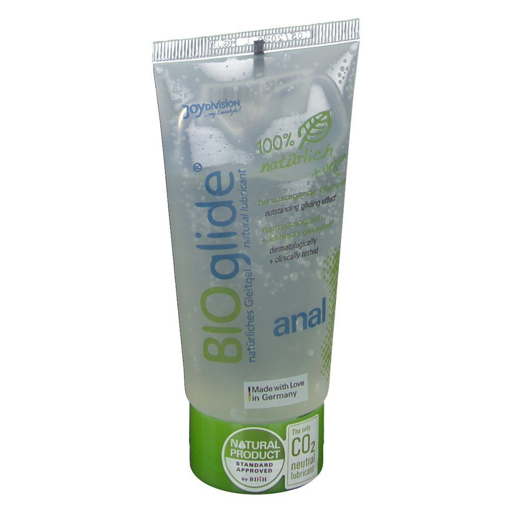 BIOglide Gleitgel-Tube. Transparente Tube mit grünem Verschluss. Aufschrift: BIOglide, anal, 100% natürlich + vegan. Siegel.