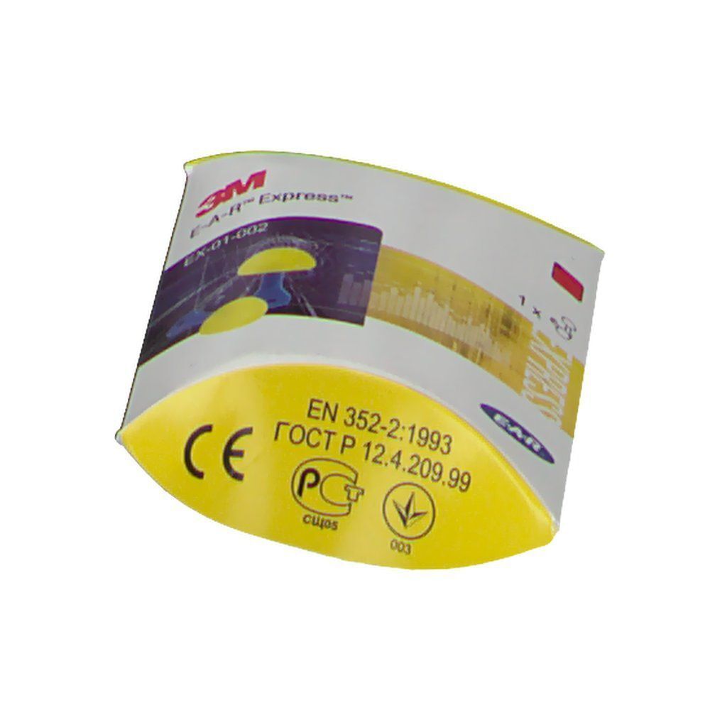 Verpackung von E-A-R Express Gehörschutzstöpsel. Gelbe und weiße Verpackung mit Produktinformationen und Zertifizierungen.