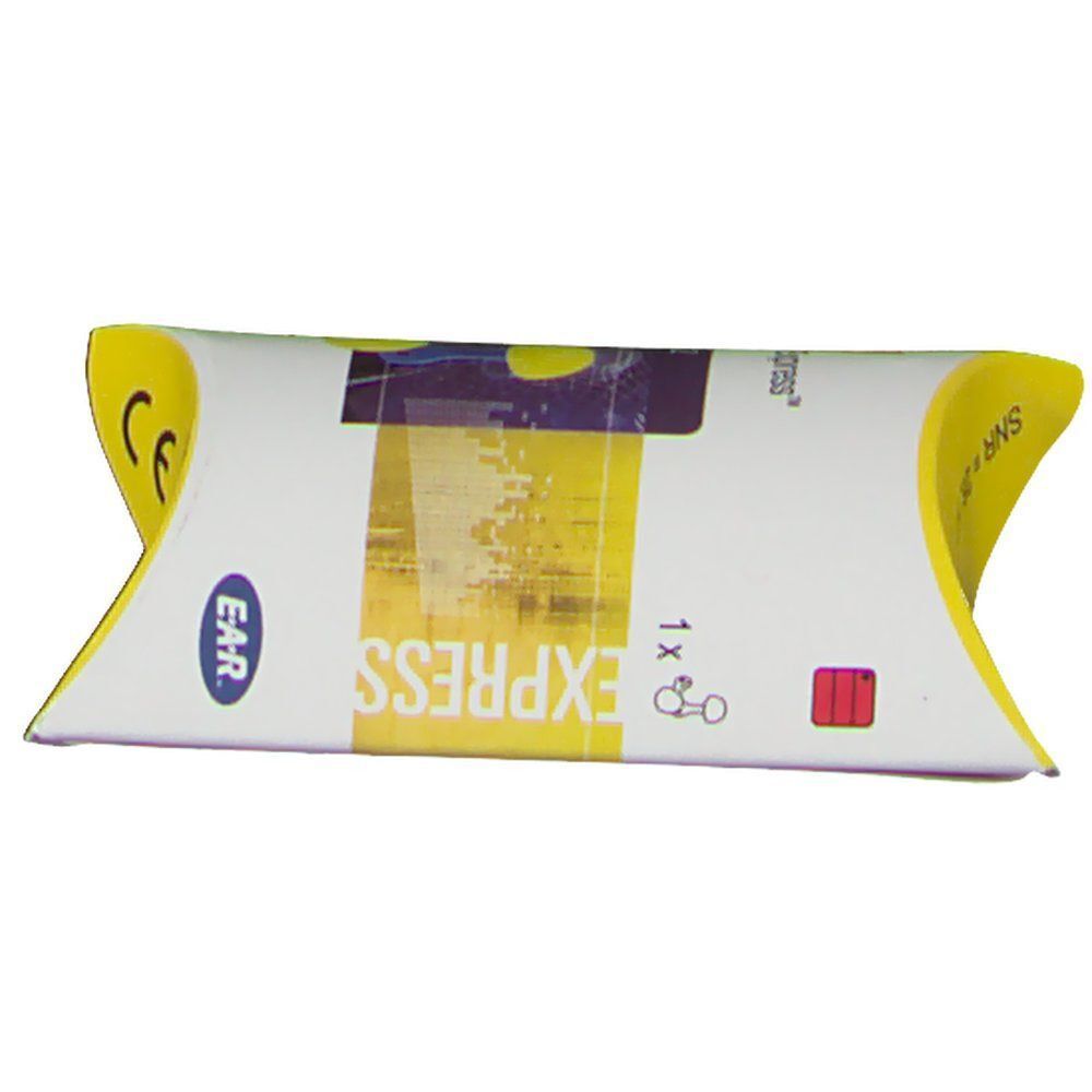 Verpackung von E-A-R Express Gehörschutzstöpsel. Gelbe und weiße Verpackung mit Produktinformationen.