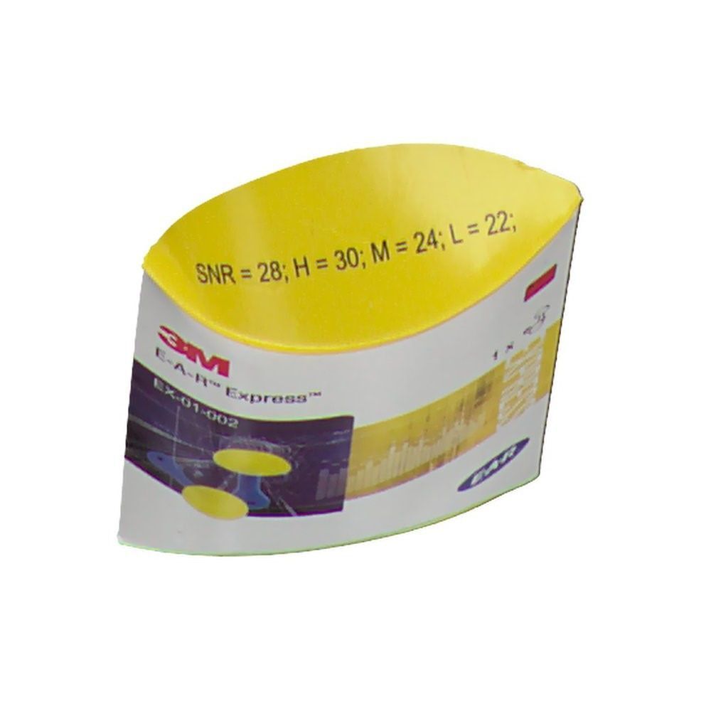 Verpackung von E-A-R Express Gehörschutzstöpsel. Gelbe und weiße Verpackung mit SNR-Werten.