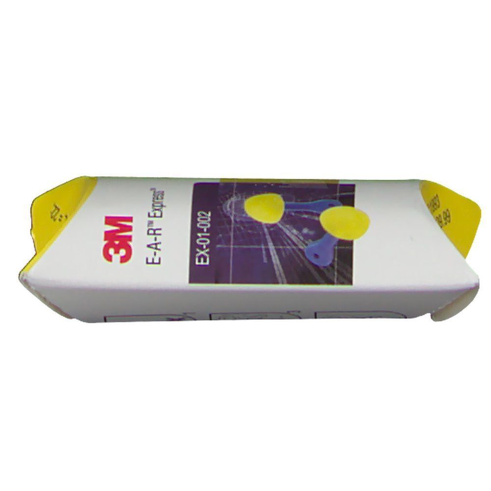 Verpackung von E-A-R Express Gehörschutzstöpsel. Gelbe und weiße Verpackung mit Produktabbildung.