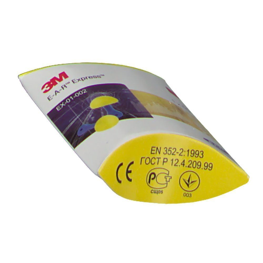 Verpackung von E-A-R Express Gehörschutzstöpsel. Gelbe und weiße Verpackung mit Zertifizierungen.