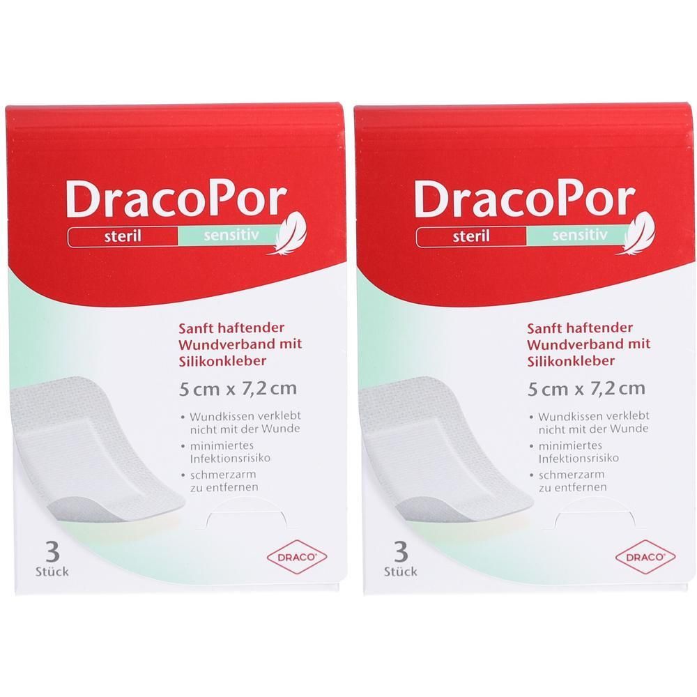 Zwei Packungen DracoPor steril sensitiv Wundverbände, 5 cm x 7,2 cm, mit Silikonkleber.