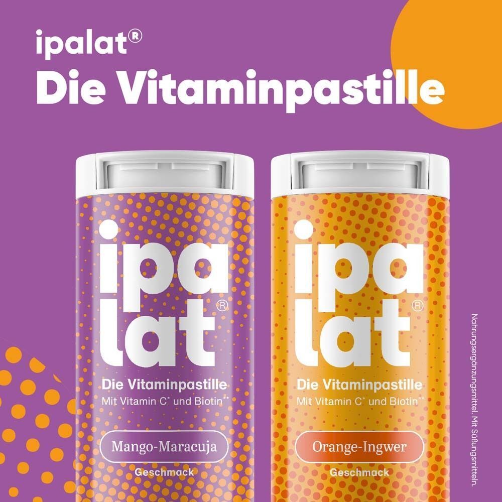 Zwei Dosen ipalat® Die Vitaminpastille: Mango-Maracuja und Orange-Ingwer, mit Fruchtscheiben.