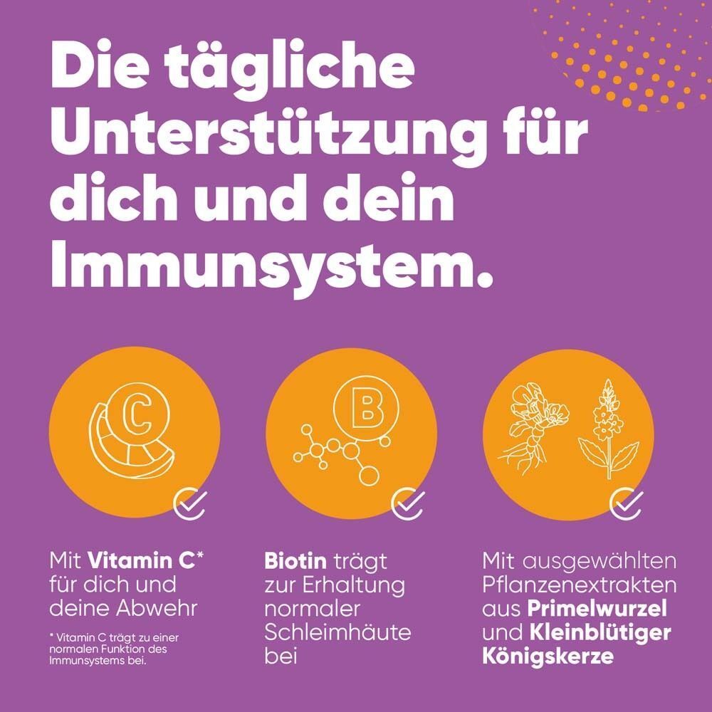 Drei Kreise mit Symbolen für Vitamin C, Biotin und Pflanzenextrakten. Text über Immunsystem-Unterstützung.