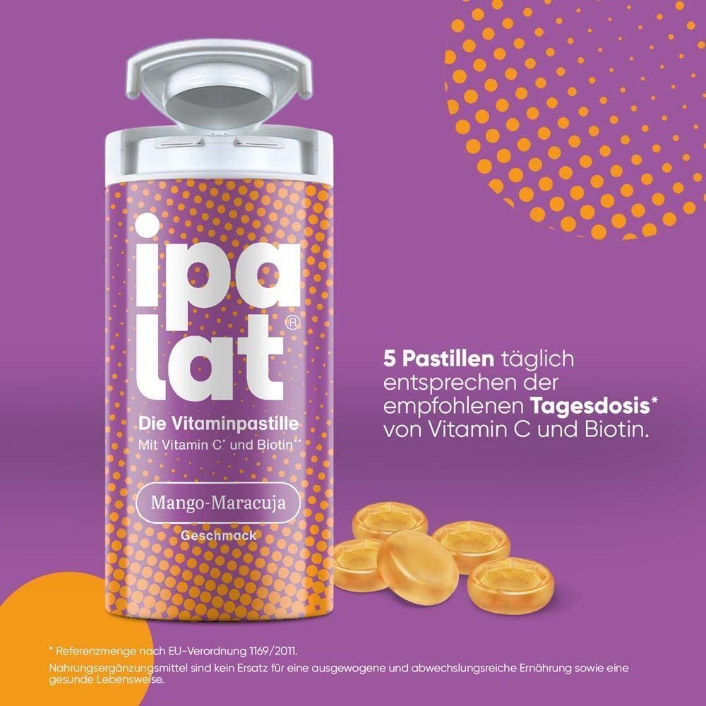 Eine Dose ipalat® Die Vitaminpastille Mango-Maracuja geöffnet, daneben liegen fünf Pastillen.