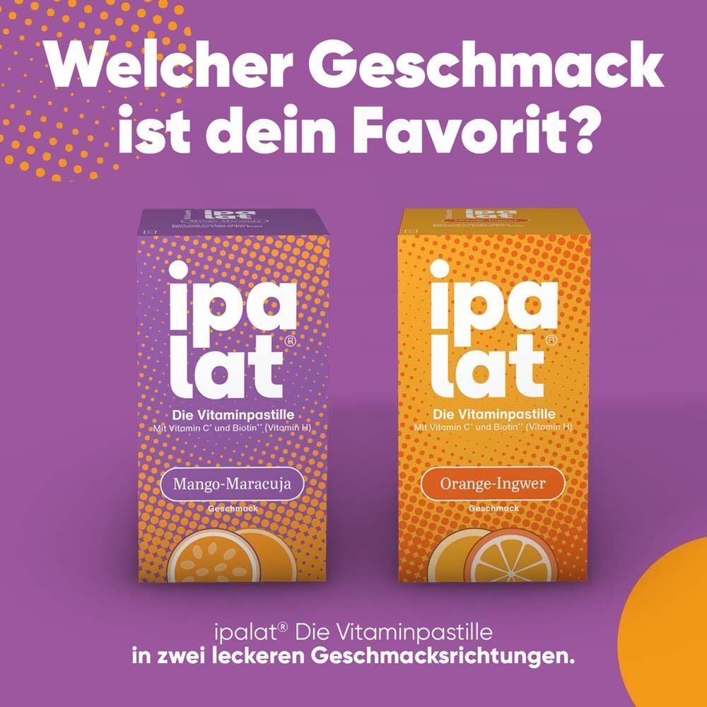 Zwei Dosen ipalat® Die Vitaminpastille: Mango-Maracuja und Orange-Ingwer. Frage nach Geschmacksvorlieben.