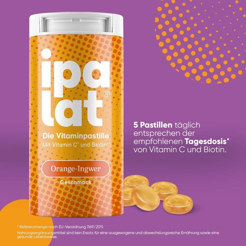 Eine Tube mit Produktaufdruck und 4 Pastillen. Aufdruck: ipa lat, Die Vitaminpastille, Orange-Ingwer. Text: 5 Pastillen täglich.