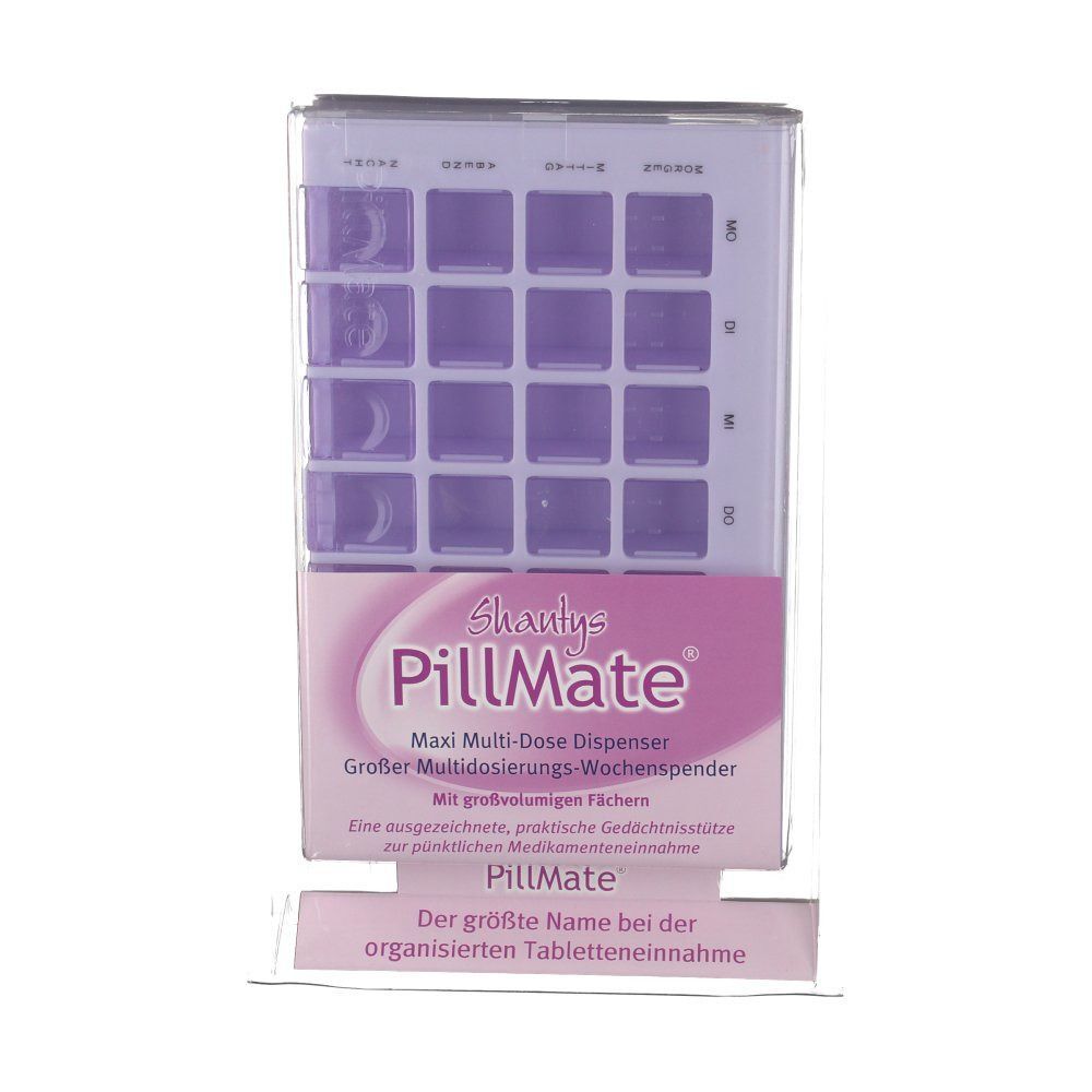 Shantys PillMate® Wochenspender mit 28 Fächern. Der Spender ist in einer transparenten Halterung. Text: PillMate, Maxi Multi-Dose Dispenser.