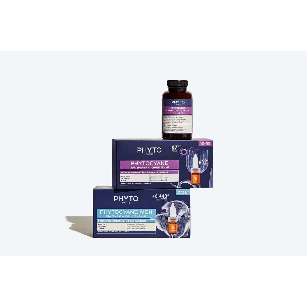 Produkt-Arrangement. Flasche und zwei Schachteln. Aufschrift: PHYTOCYANE, für Frauen und Männer.