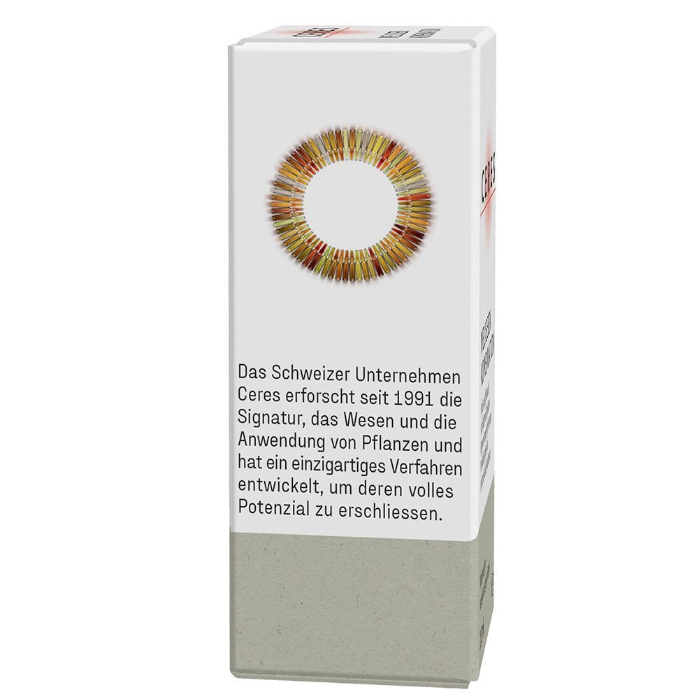 Seite der Umverpackung von CERES Melissen Kombination Tropfen mit Informationen über das Schweizer Unternehmen.