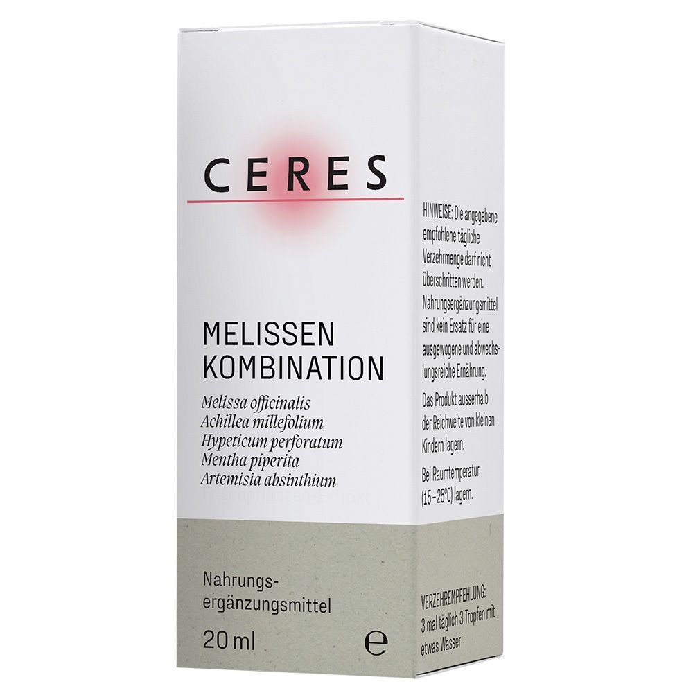 Vorderseite der Umverpackung von CERES Melissen Kombination Tropfen mit Zutatenliste und Einnahmeempfehlung.