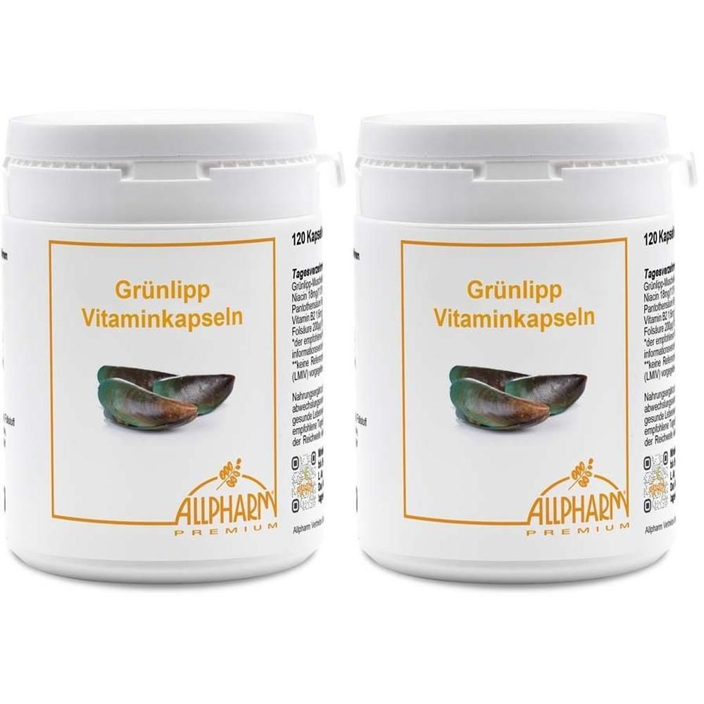 Zwei weiße Behälter mit Deckel. Aufschrift: Grünlipp Vitamin-Kapseln. Logo: Allpharm Premium. Abbildung von Muscheln.