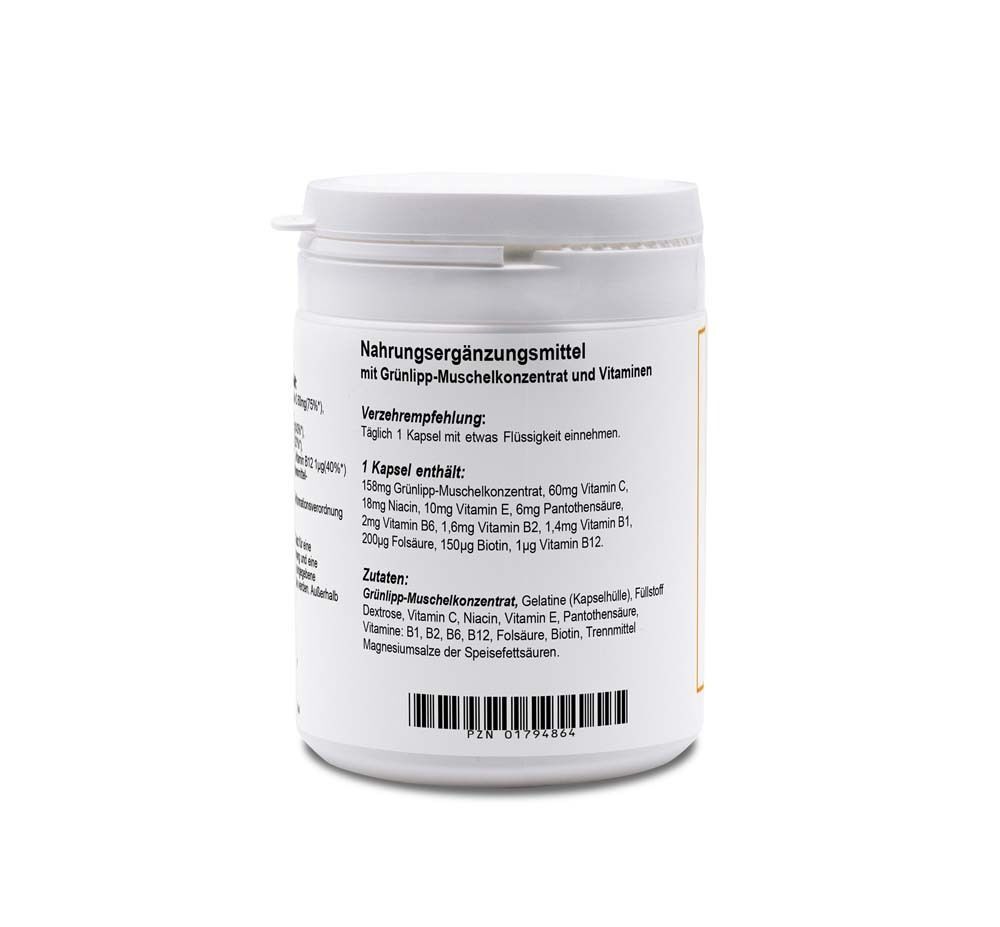 Weißer Behälter, Rückseite. Aufschrift: Nahrungsergänzungsmittel mit Grünlipp-Muschelkonzentrat und Vitaminen. Text und Barcode.