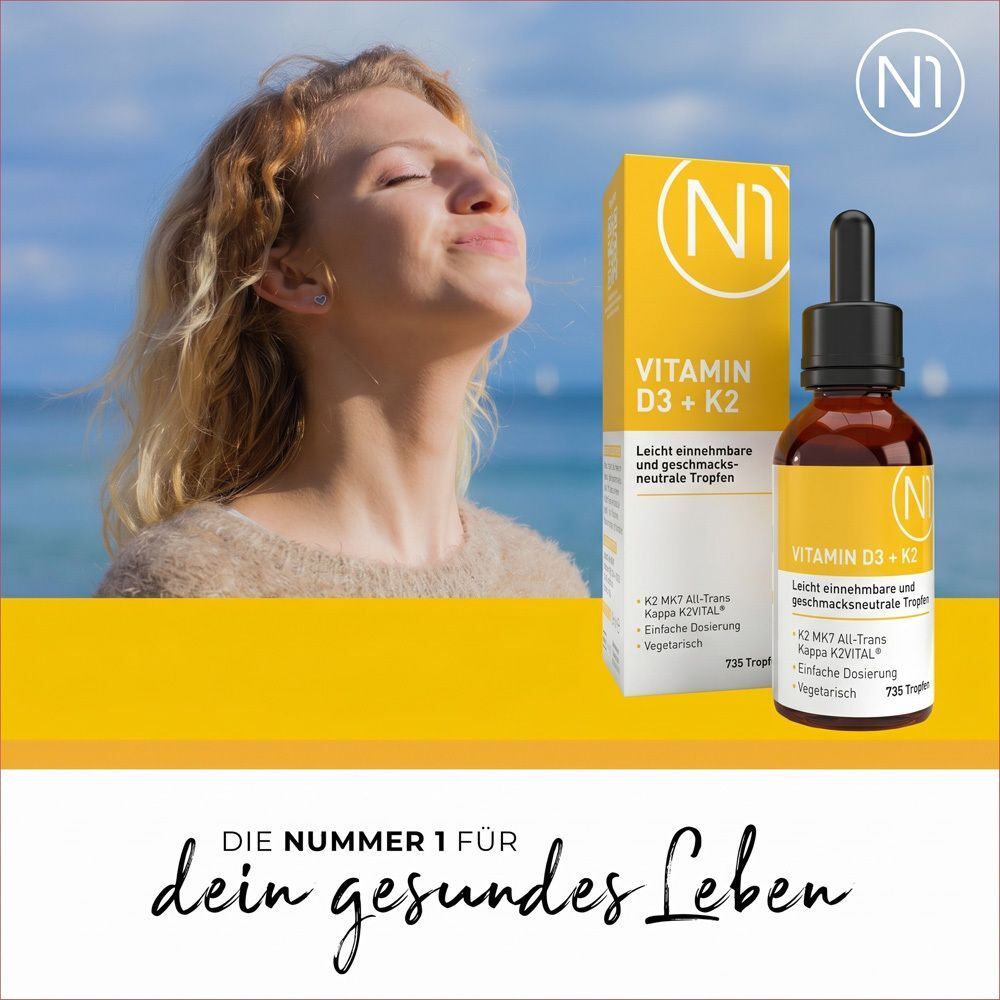 N1 Vitamin D3 K2 – Kombination für Immunsystem, Knochen & Muskeln, unterstützt die Calciumaufnahme & tägliche Versorgung, D3 + K2 Tropfen