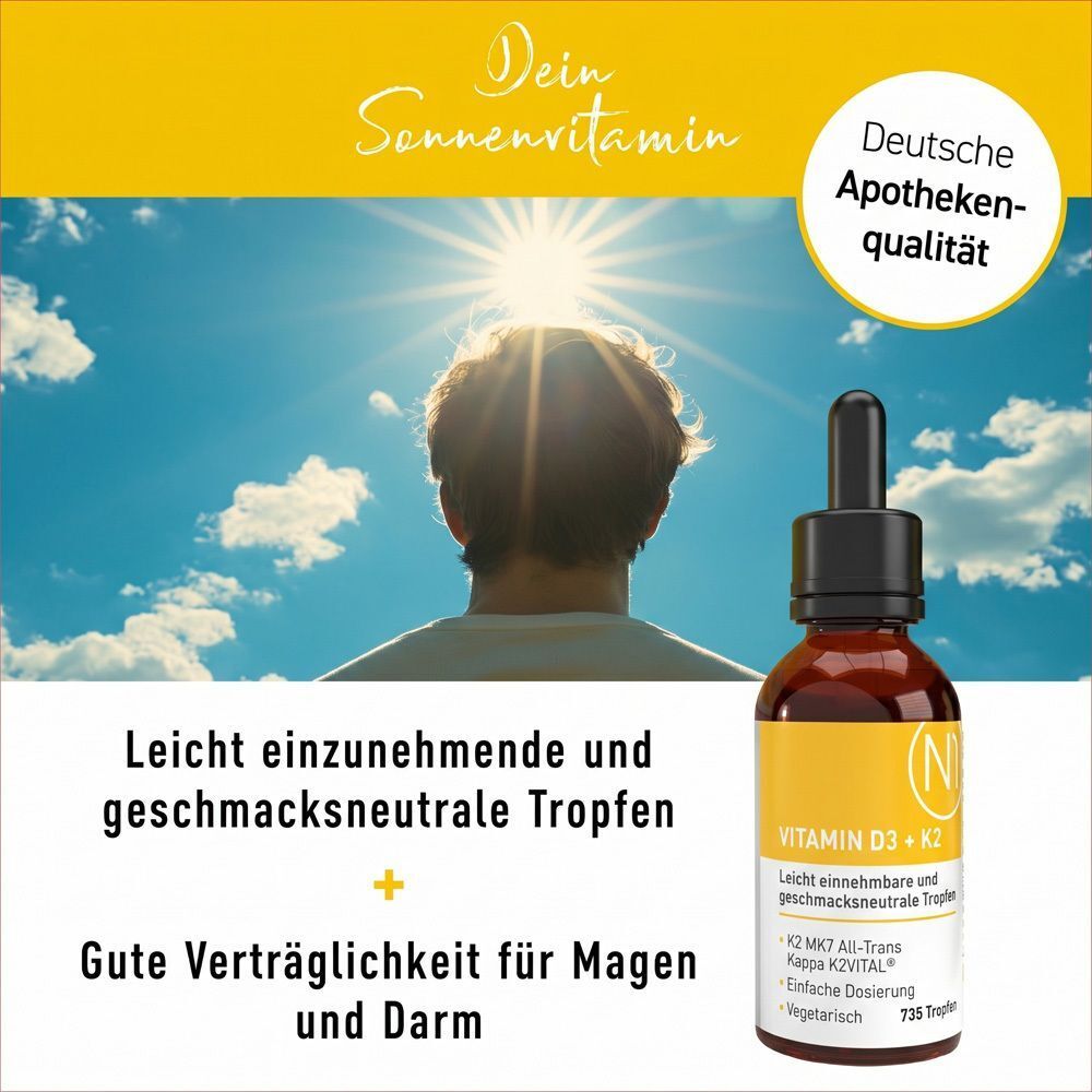 N1 Vitamin D3 K2 – Kombination für Immunsystem, Knochen & Muskeln, unterstützt die Calciumaufnahme & tägliche Versorgung, D3 + K2 Tropfen