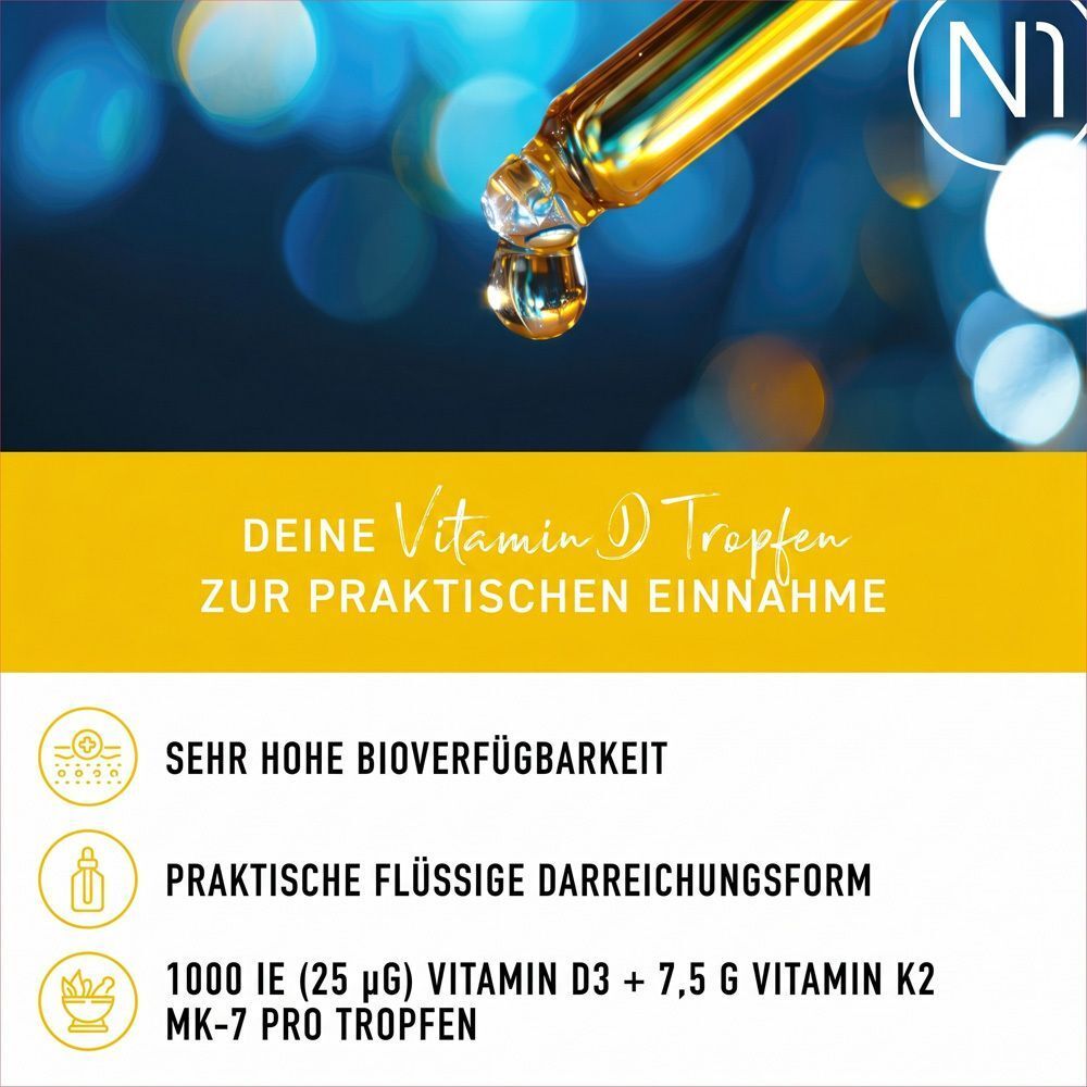 N1 Vitamin D3 K2 – Kombination für Immunsystem, Knochen & Muskeln, unterstützt die Calciumaufnahme & tägliche Versorgung, D3 + K2 Tropfen