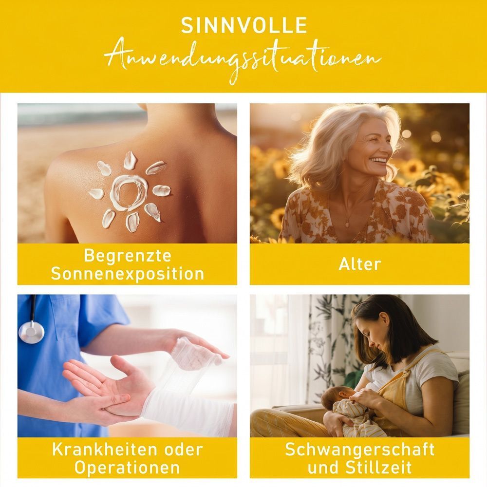 Vier Szenen: Sonne auf Haut, ältere Frau, Arzt gibt Hände, Mutter stillt Baby.