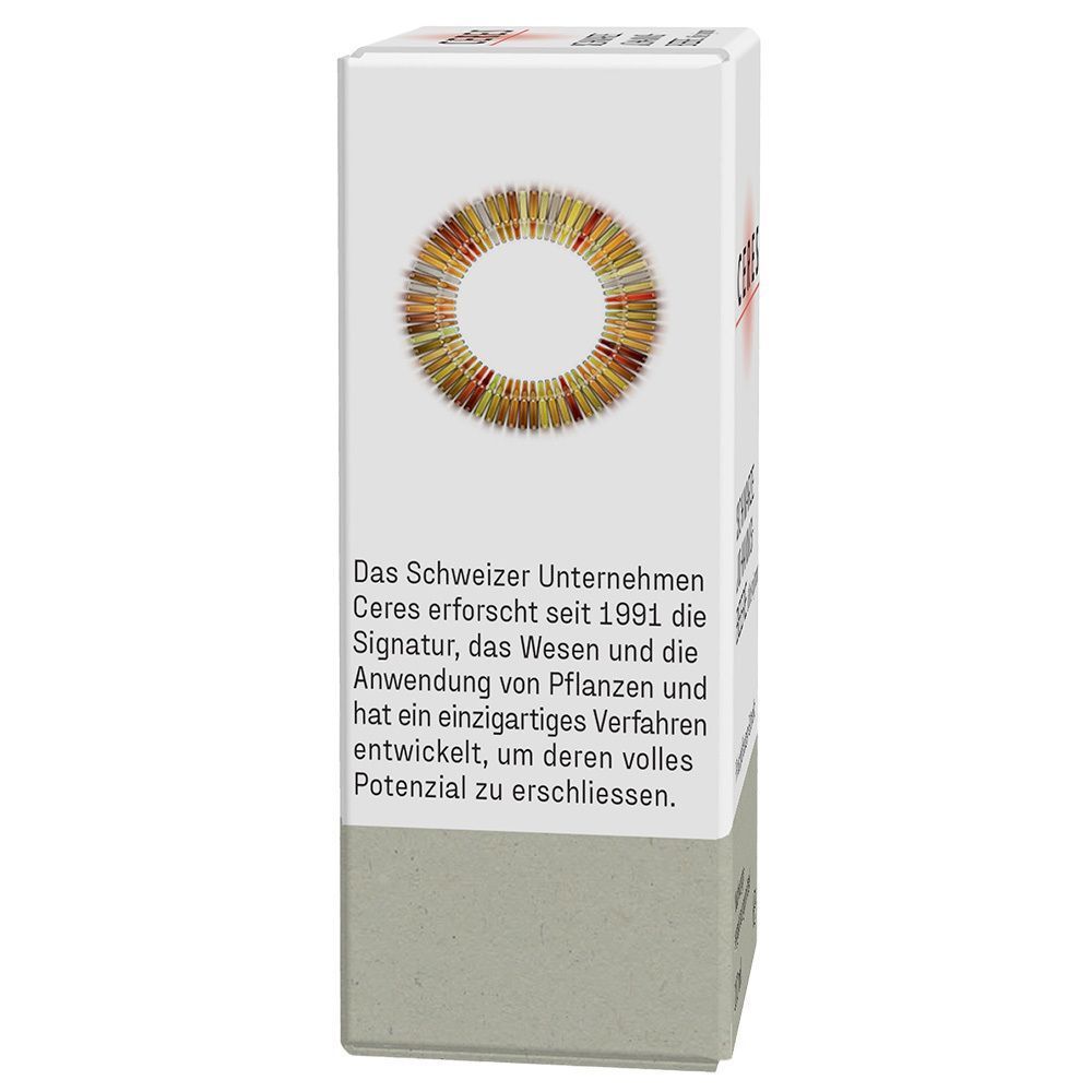 Seite der Faltschachtel von CERES Schwarze Johannisbeere Extrakt Tropfen mit Firmenbeschreibung.