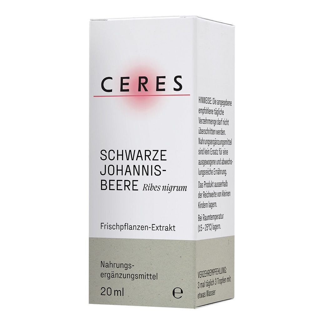 Vorderseite der Faltschachtel von CERES Schwarze Johannisbeere Extrakt Tropfen, 20ml.