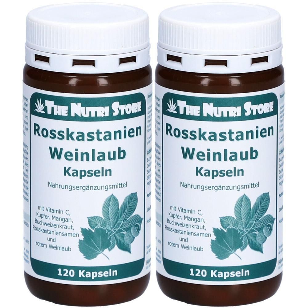 Zwei braune Flaschen mit weißen Deckeln. Aufschrift: Rosskastanien Weinlaub Kapseln. 120 Kapseln. Marke: The Nutri Store. Nahrungsergänzungsmittel.