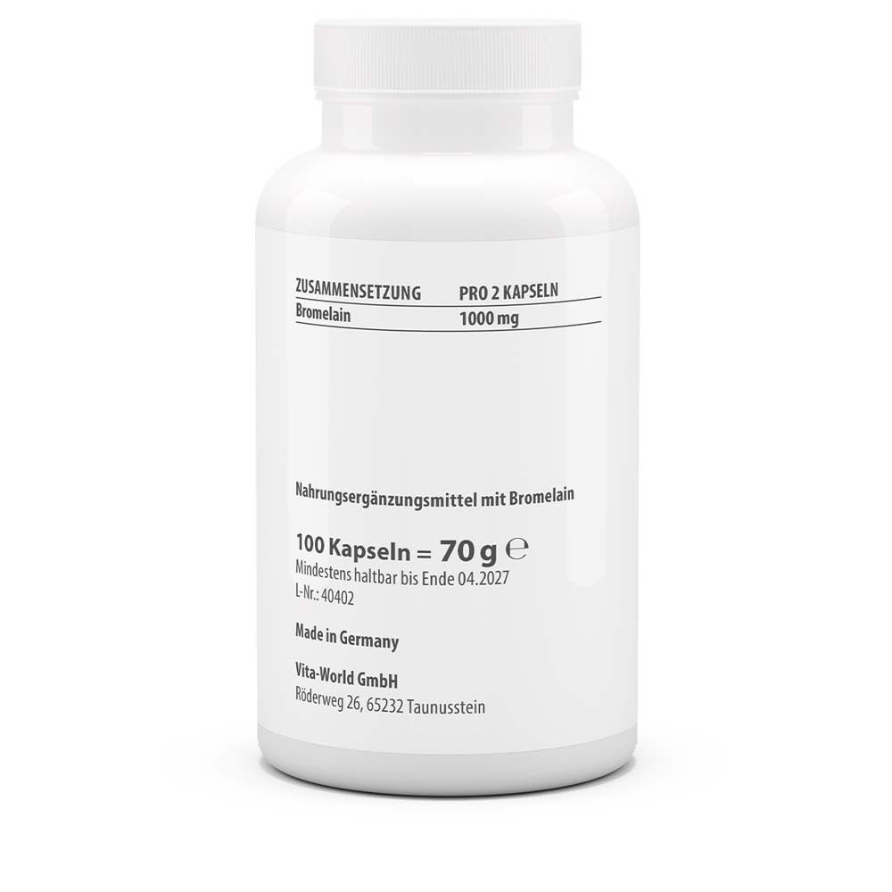Weiße Flasche mit Etikett. Aufschrift: Zusammensetzung, Bromelain 1000 mg, 100 Kapseln, Mindesthaltbarkeit bis 04.2027.