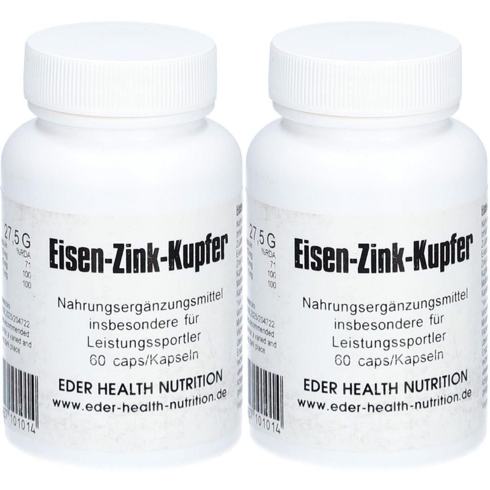 Zwei weiße Flaschen mit Schraubverschluss. Aufschrift: Eisen-Zink-Kupfer, Nahrungsergänzungsmittel. Marke: EDER HEALTH NUTRITION.