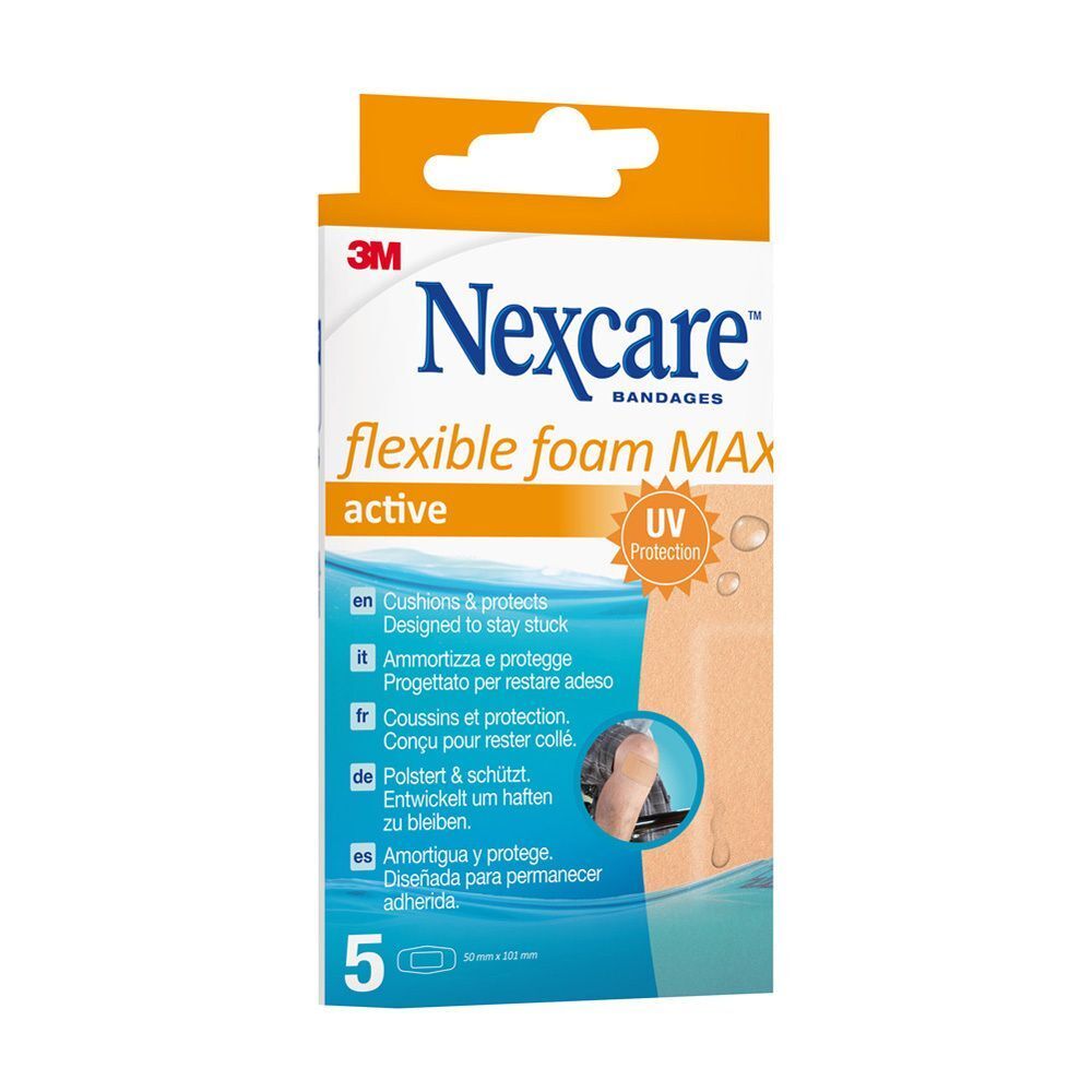Verpackung Nexcare flexible foam MAX Pflaster. UV-Schutz. Enthält 5 Pflaster. Größe 50 x 101 mm. Mehrsprachige Texte.