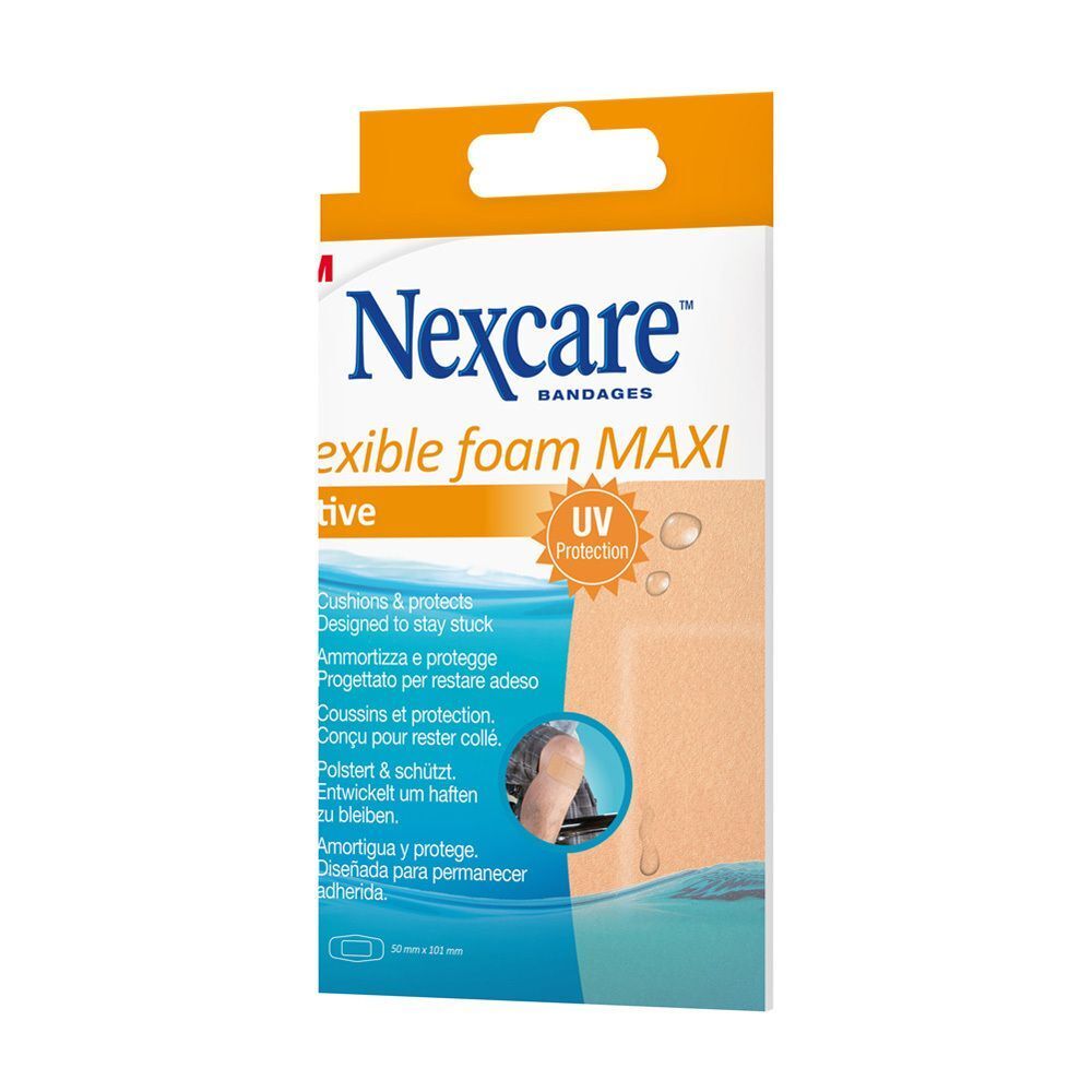 Verpackung Nexcare flexible foam MAX Pflaster. UV-Schutz. Mehrsprachige Texte. Größe 50 x 101 mm.