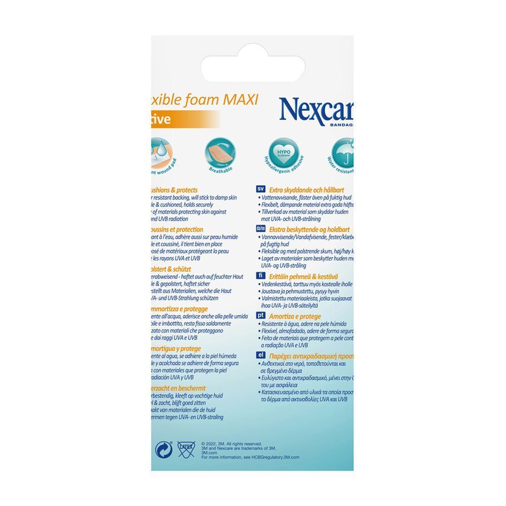 Rückseite der Verpackung Nexcare flexible foam MAX Pflaster. Informationen zu Eigenschaften und Inhaltsstoffen.