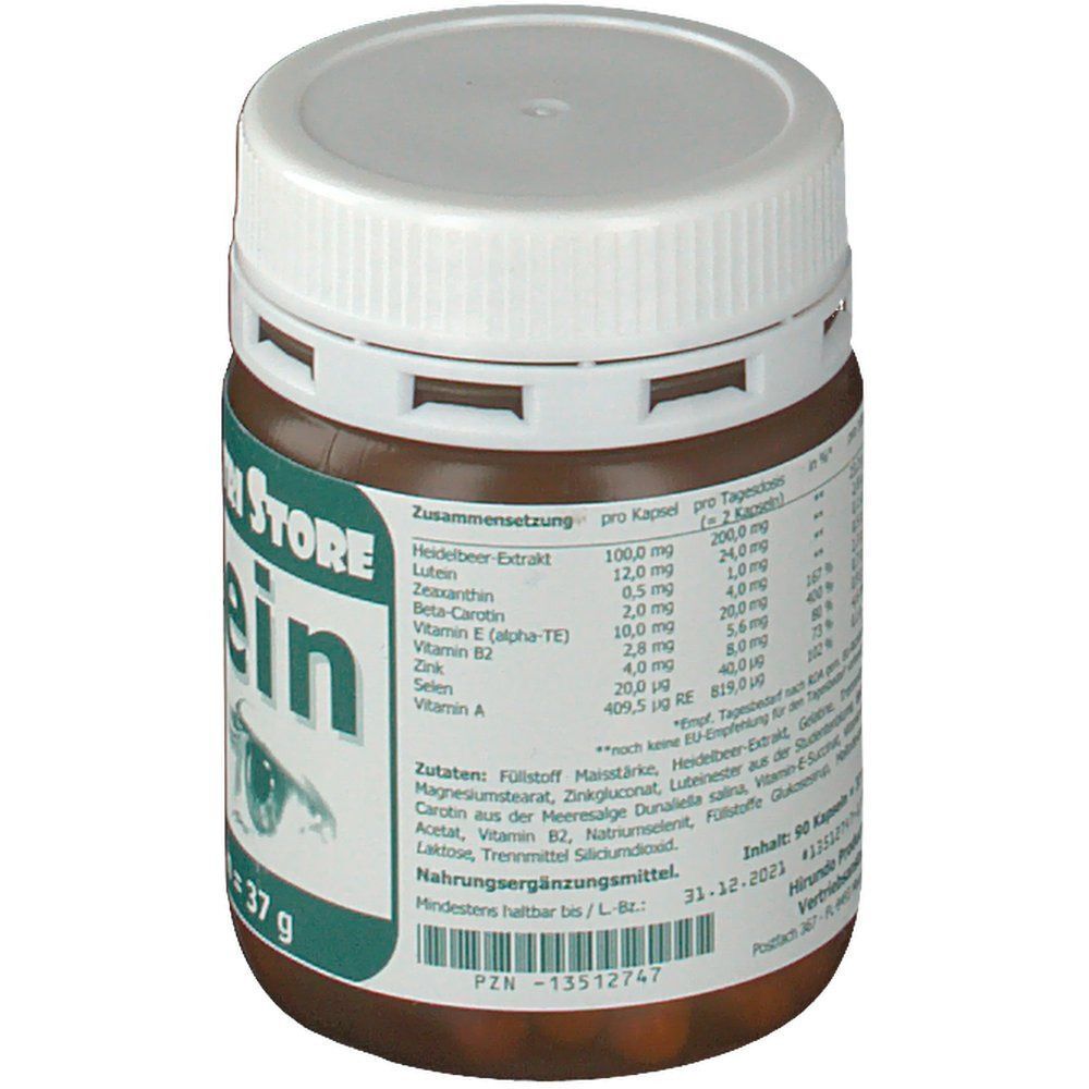 Braune Dose mit weißem Deckel. Aufschrift: Lutein plus, 12 mg Lutein, 90 Kapseln. Inhaltsangaben und Nährwerttabelle.