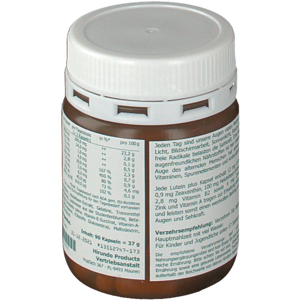 Braune Dose mit weißem Deckel. Aufschrift: Lutein plus, 12 mg Lutein, 90 Kapseln. Rückseite mit Informationen.
