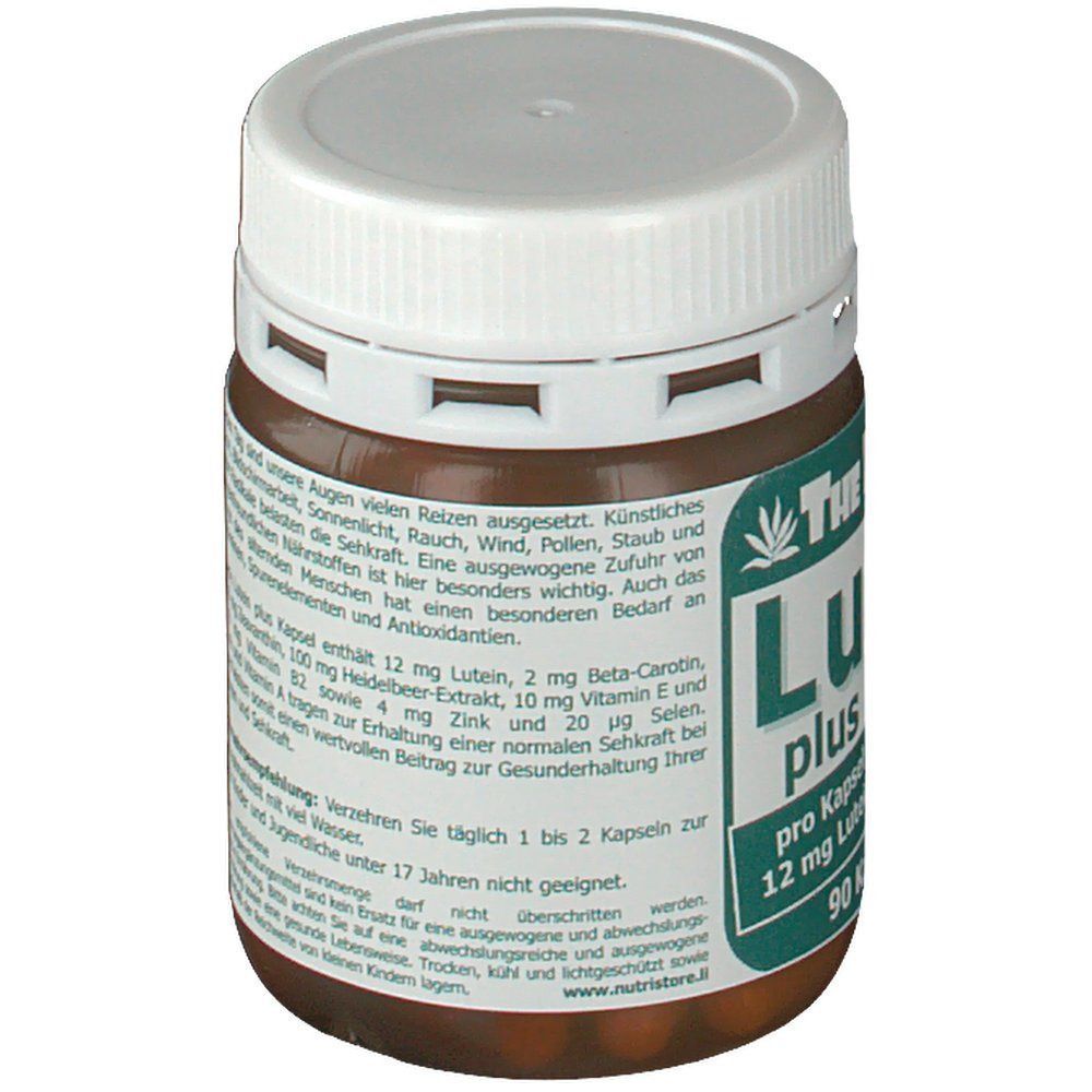Braune Dose mit weißem Deckel. Aufschrift: Lutein plus, 12 mg Lutein, 90 Kapseln. Text über Anwendung und Inhaltsstoffe.