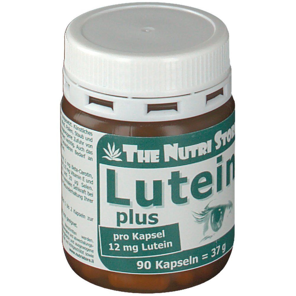 Braune Dose mit weißem Deckel. Aufschrift: Lutein plus, 12 mg Lutein, 90 Kapseln. Marke: The Nutri Store.