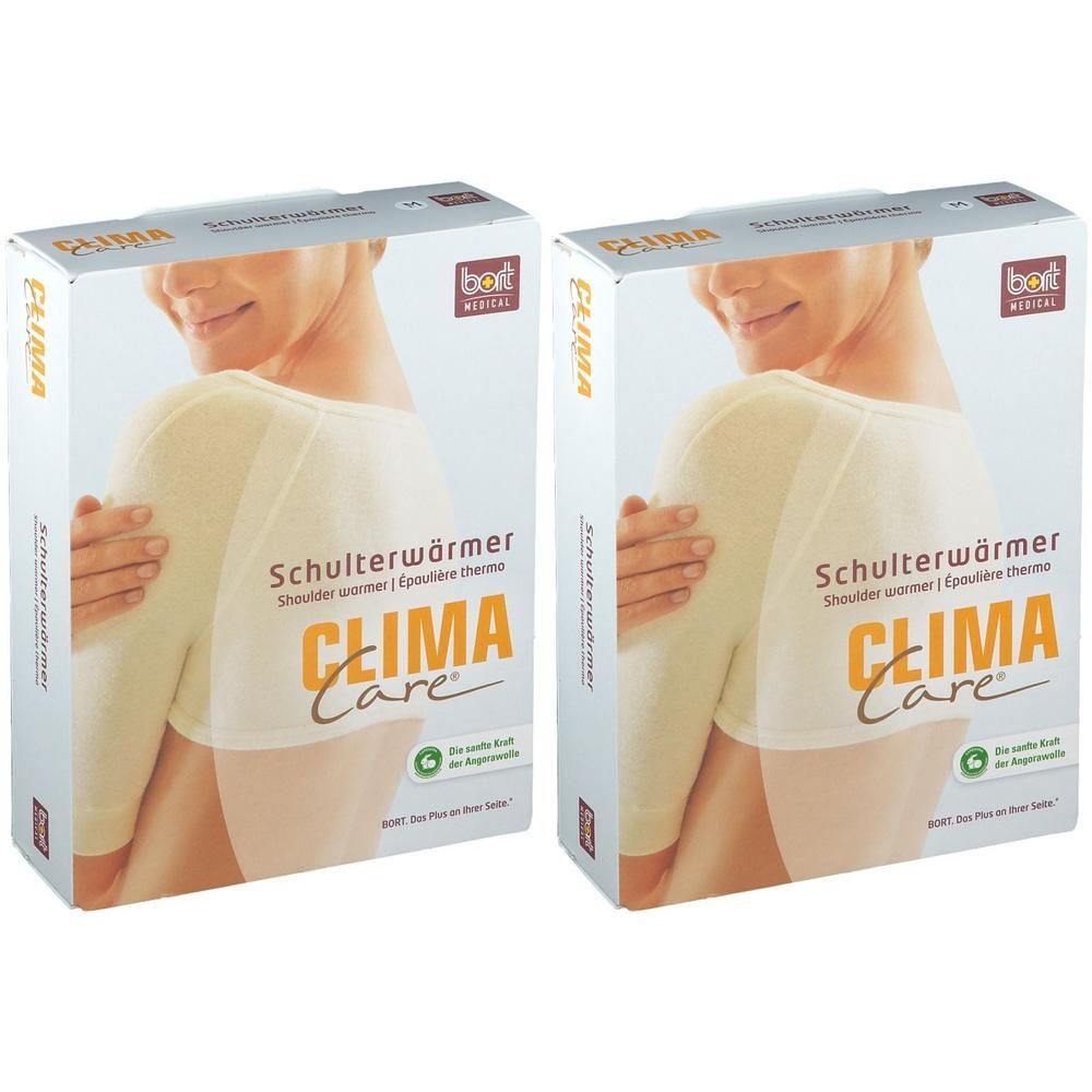 Zwei Produktverpackungen. Aufdruck: CLIMACare Schulterwärmer. Abbildung einer Person mit Schulterwärmer. Logo: bert medical.