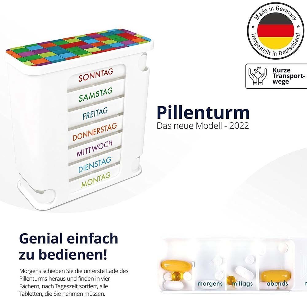 Weiße Pillendose mit 7 Fächern für Wochentage. Bunter Deckel. Text: „Pillenturm – Das neue Modell – 2022“. Einfache Bedienung.