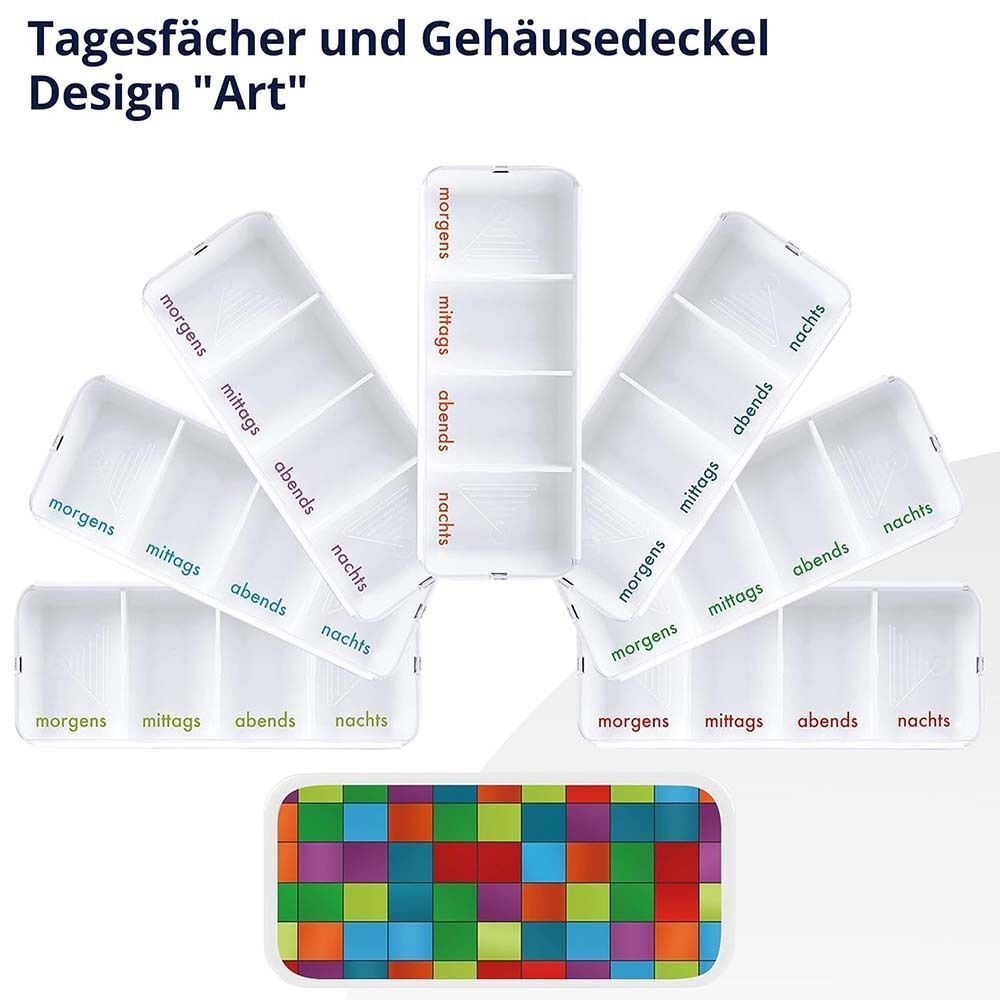 Mehrere herausnehmbare Fächer mit 4 Unterteilungen für Tageszeiten. Bunter Deckel. Gehäusedeckel Design „Art“.