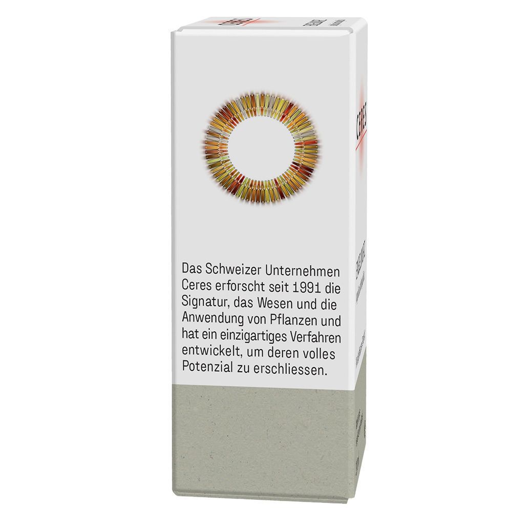 Seite der CERES Wegwarte Cichorium intybus Extrakt Tropfen Verpackung mit Firmenlogo und Beschreibung der Unternehmensphilosophie.