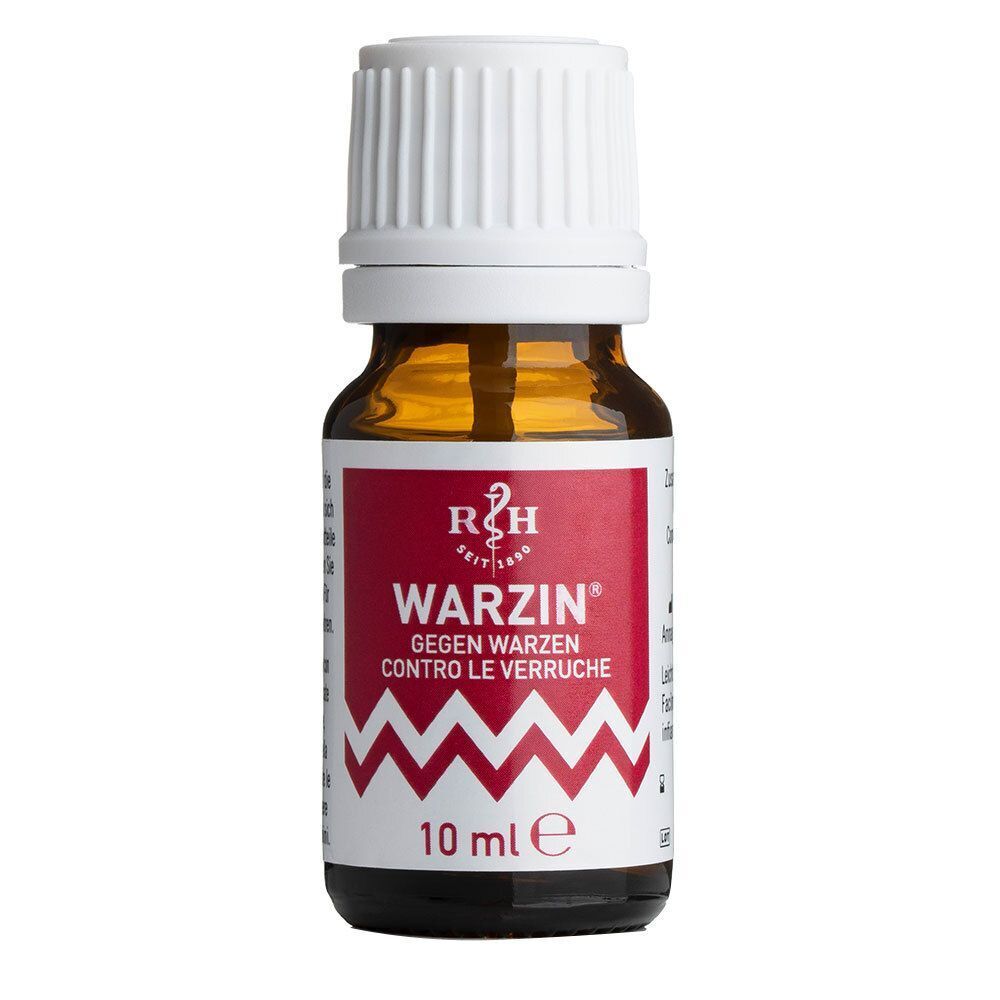 Braune Glasflasche mit weißem Schraubverschluss. Aufdruck: WARZIN, gegen Warzen. Logo: RÖSCH & HANDEL. Text: 10 ml.