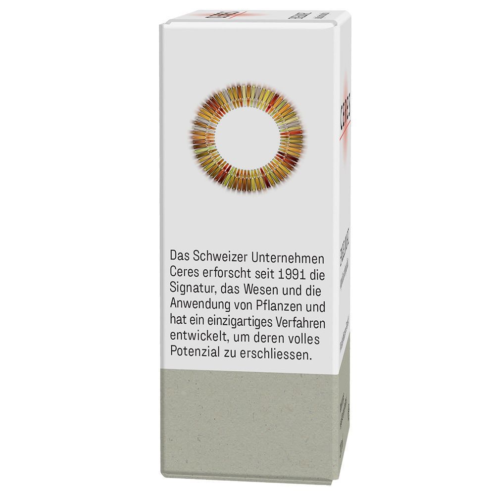 Seite der CERES Gundelrebe Faltschachtel mit Informationen über das Schweizer Unternehmen Ceres.