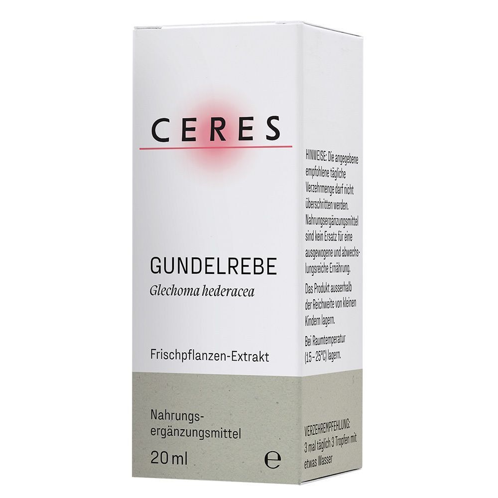 Vorderseite der CERES Gundelrebe Faltschachtel mit Produktinformationen und Verzehrempfehlung.