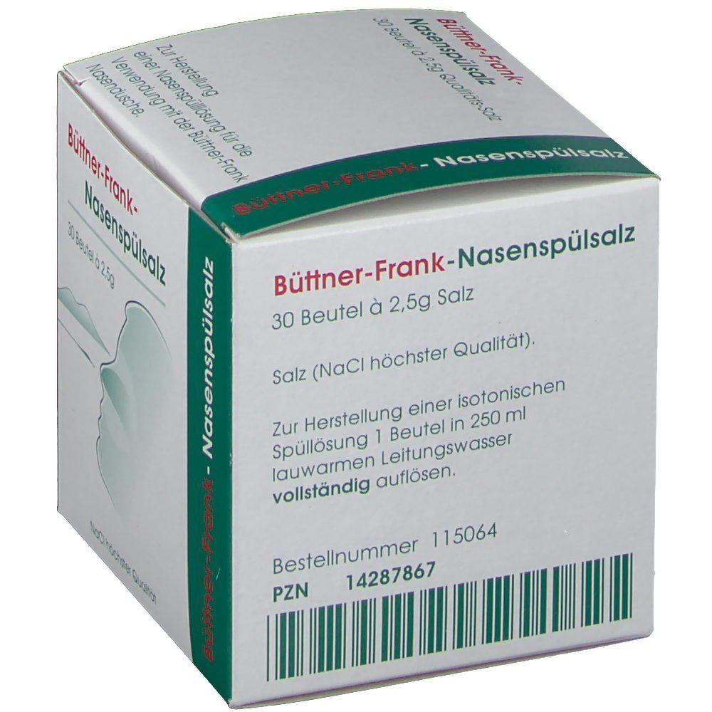 Karton Büttner-Frank-Nasenspülsalz. Weiß mit grünen Akzenten. Aufdruck: 30 Beutel à 2,5g. Abbildung eines Profils. Barcode und Bestellnummer.
