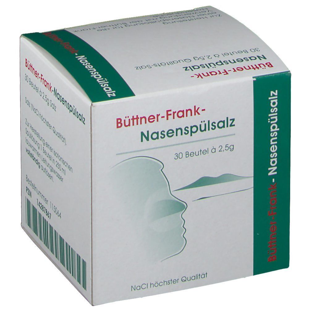 Karton Büttner-Frank-Nasenspülsalz. Weiß mit grünen Akzenten. Aufdruck: 30 Beutel à 2,5g. Profilzeichnung. NaCl höchster Qualität.