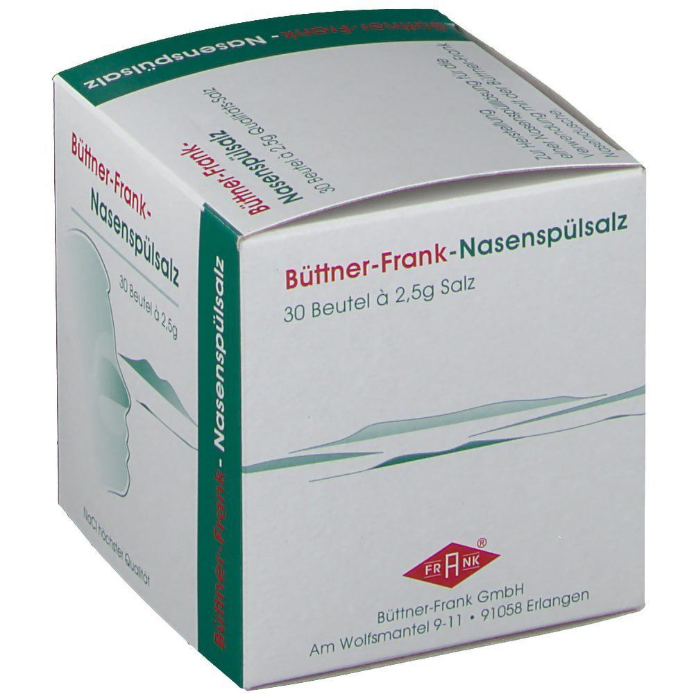 Karton Büttner-Frank-Nasenspülsalz. Weiß mit grünen Akzenten. Aufdruck: 30 Beutel à 2,5g. Logo FRANK. NaCl höchster Qualität.